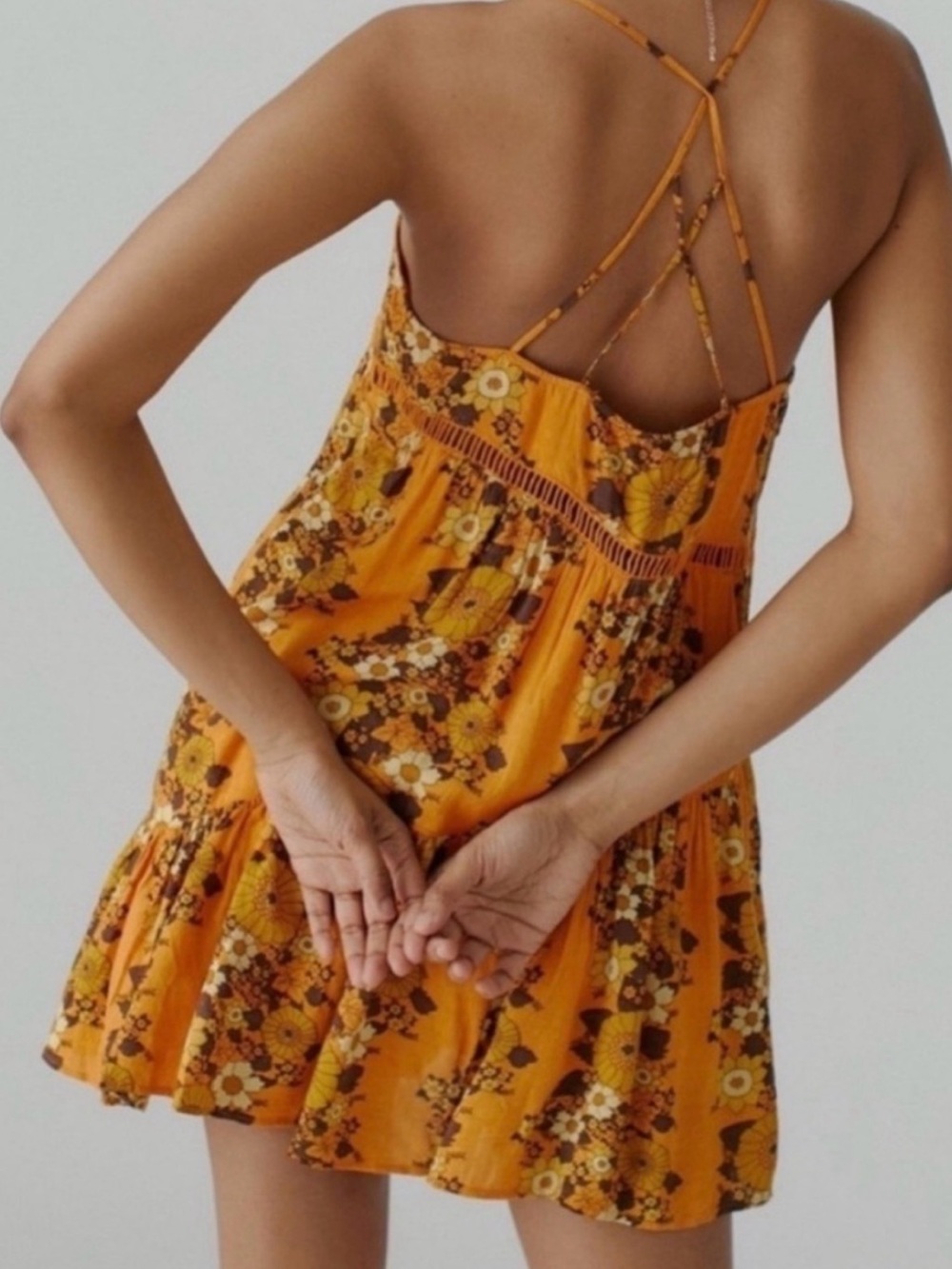 Urban Outfitters Floral Crisscross Strap Mini Dress in Burnt Orange